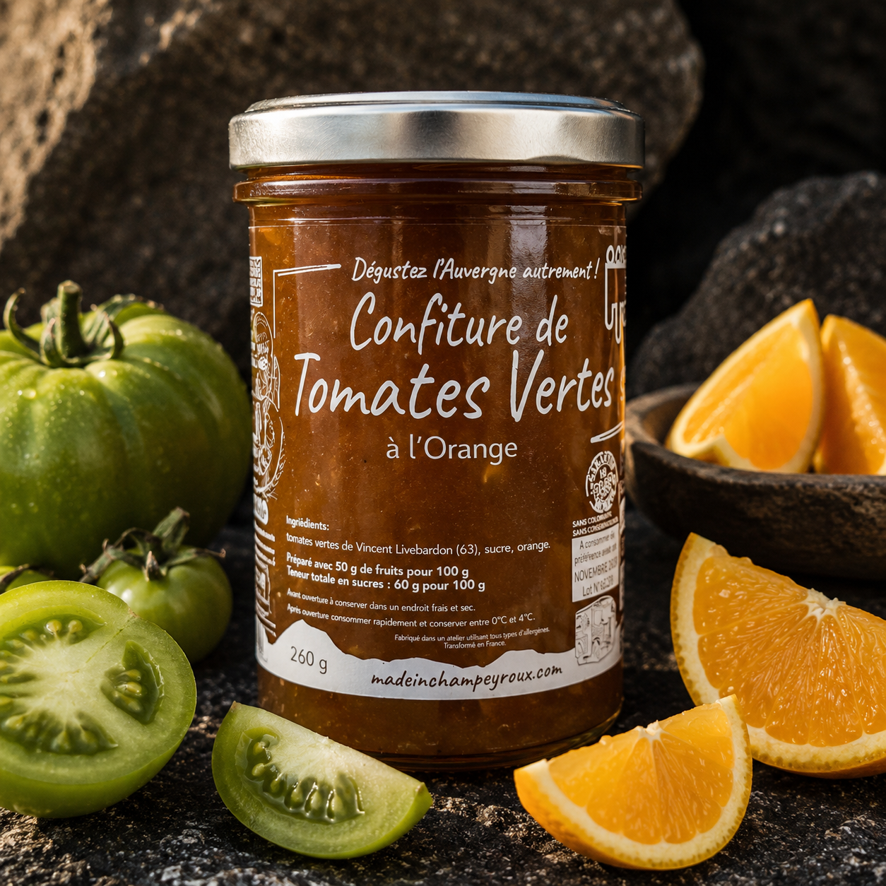 Confiture de tomates vertes à l'orange 260g – Made in Champeyroux, Auvergne – sans colorants