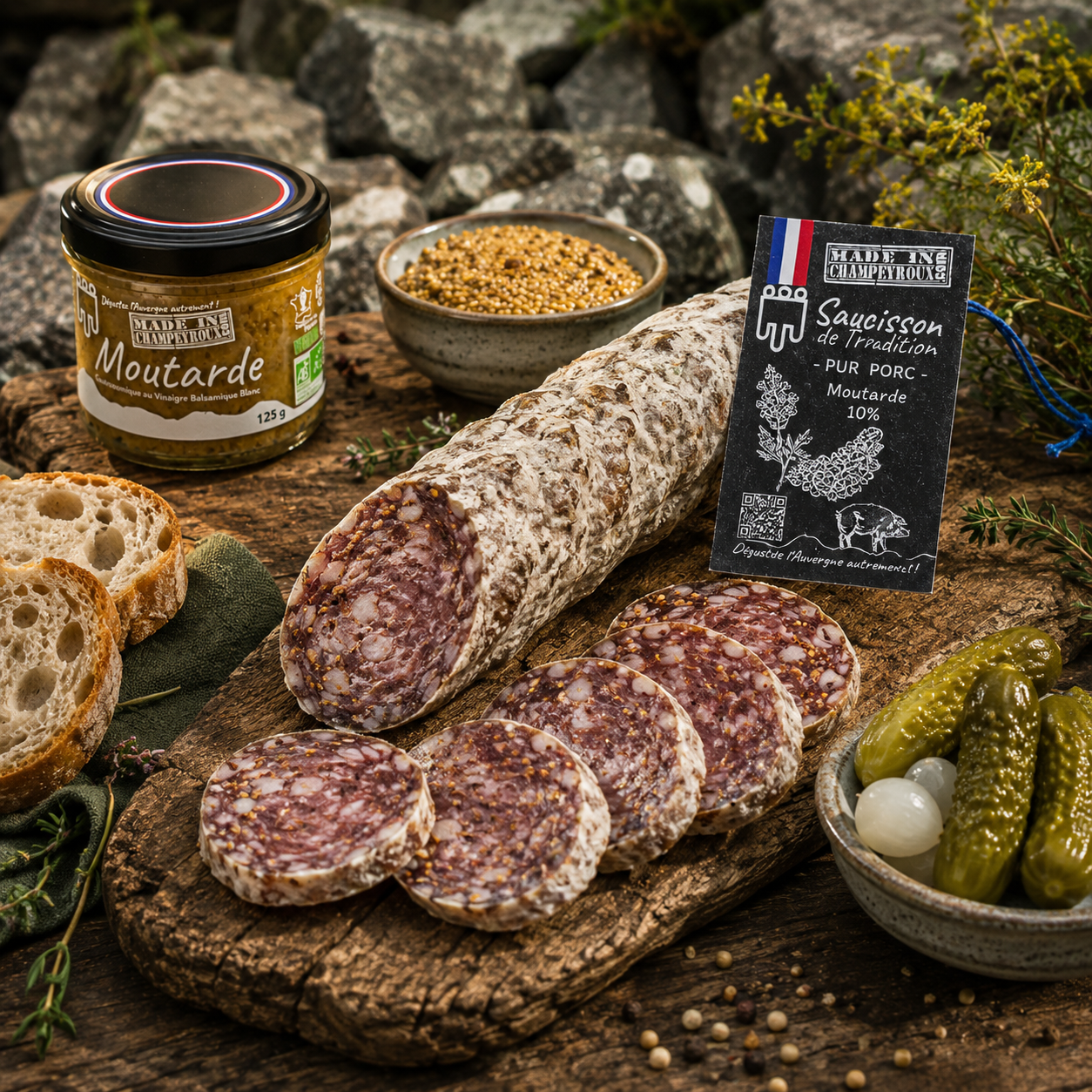 Saucisson moutarde BIO à la découpe — grains de moutarde entiers visibles