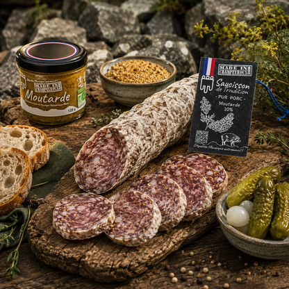 Saucisson moutarde BIO à la découpe — grains de moutarde entiers visibles