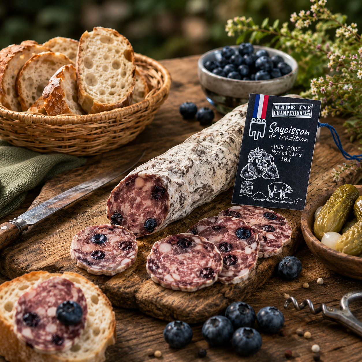 Saucisson myrtilles sauvages à la découpe — notes pourpres en bouche