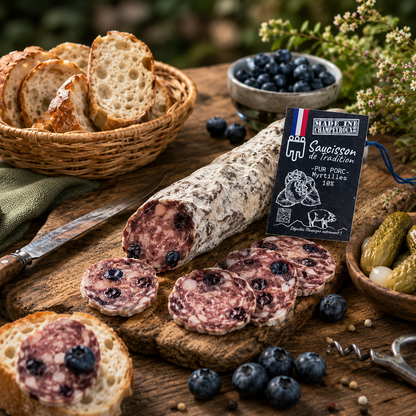 Saucisson myrtilles sauvages à la découpe — notes pourpres en bouche