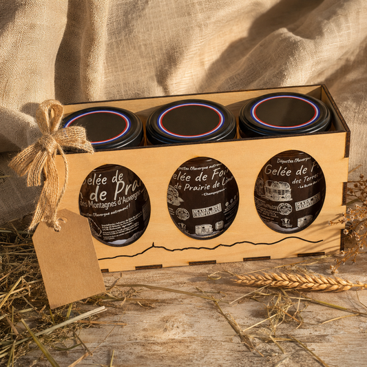 Coffret 3 gelées de foin d'Auvergne personnalisable en boîte bois – Le Picnic Français
