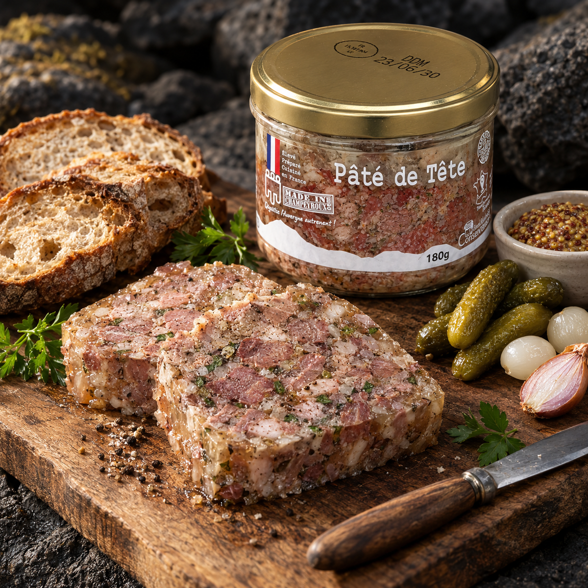 Pâté de tête pur porc en tranches sur pain de campagne avec cornichons - Le Picnic Français