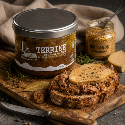 Terrine de jarret de bœuf au foie gras de canard en bocal 380g – Le Picnic Français