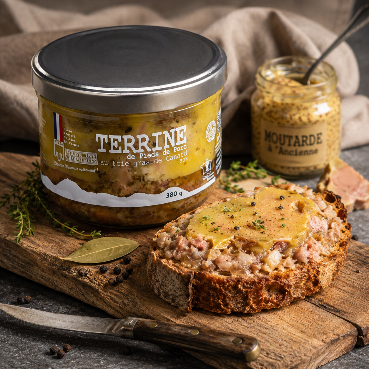 Terrine de pieds de porc du Cantal au foie gras de canard en bocal 380g – Le Picnic Français