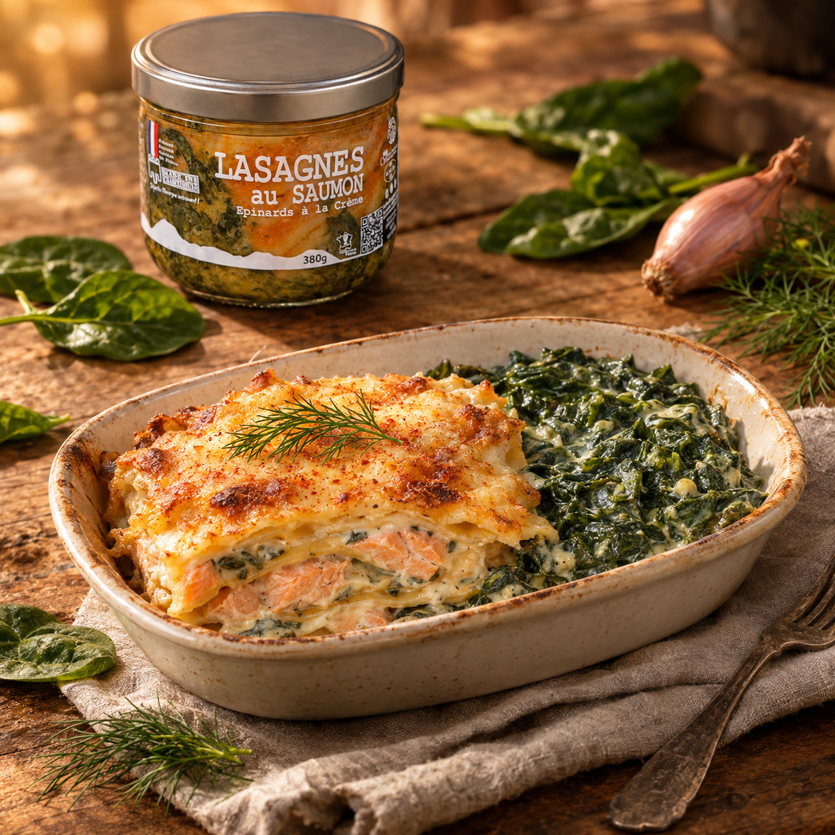 Lasagnes au saumon gratinées et épinards à la crème servies dans un plat à gratin, à côté du bocal 380g – Le Picnic Français