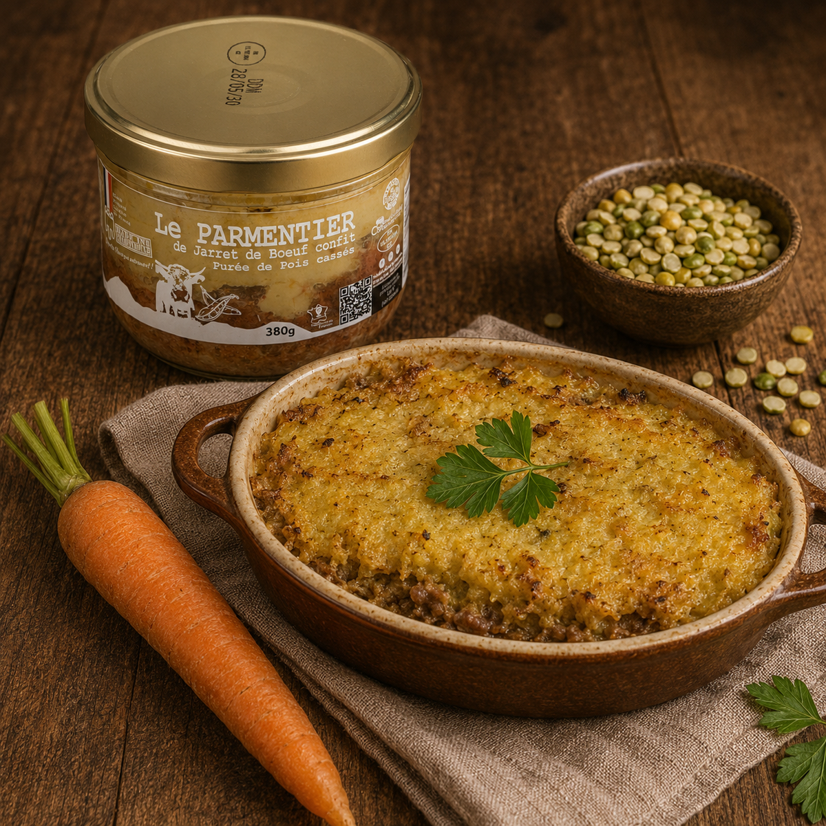 Le Parmentier de Jarret de Bœuf Confit, Purée de Pois Cassés