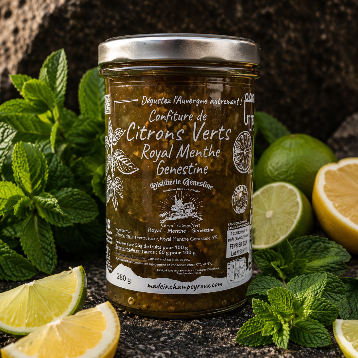 Confiture de citrons verts au Royal Menthe Génestine 280g – Made in Champeyroux