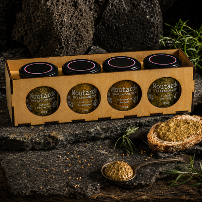 Coffret bois 4 moutardes gastronomiques 100g – Le Picnic Français