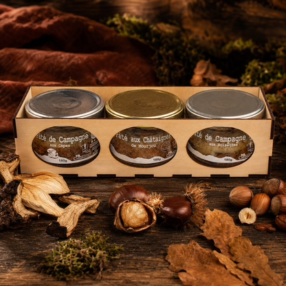 Coffret Pâtés Sous-Bois d'Automne en boîte bois – cèpes, châtaignes de Mourjou, noisettes – Le Picnic Français