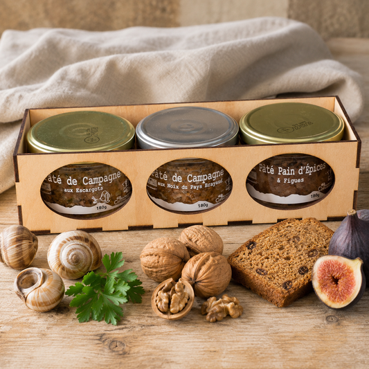 Coffret Pâtés Trio Insolite en boîte bois – escargots, noix du Pays Brayaud, pain d'épices et figues – Le Picnic Français