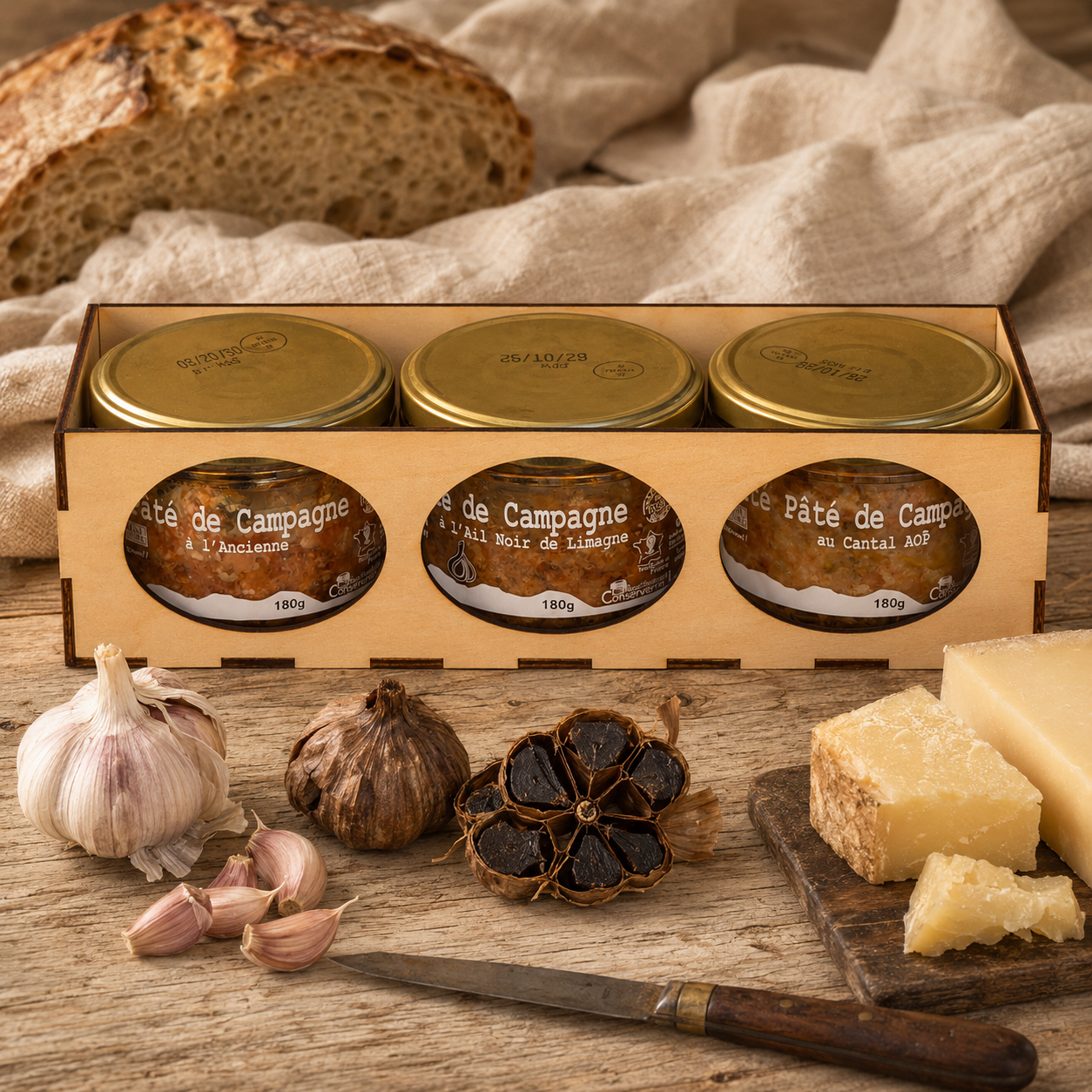 Coffret Pâtés Gourmands en boîte bois avec ail noir, ail frais et Cantal AOP – Le Picnic Français