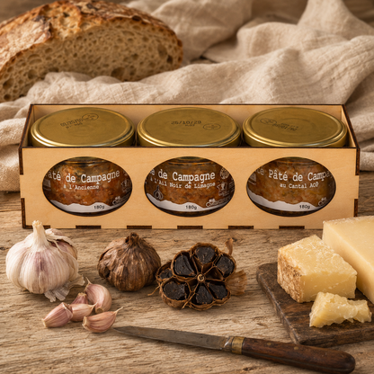 Coffret Pâtés Gourmands en boîte bois avec ail noir, ail frais et Cantal AOP – Le Picnic Français