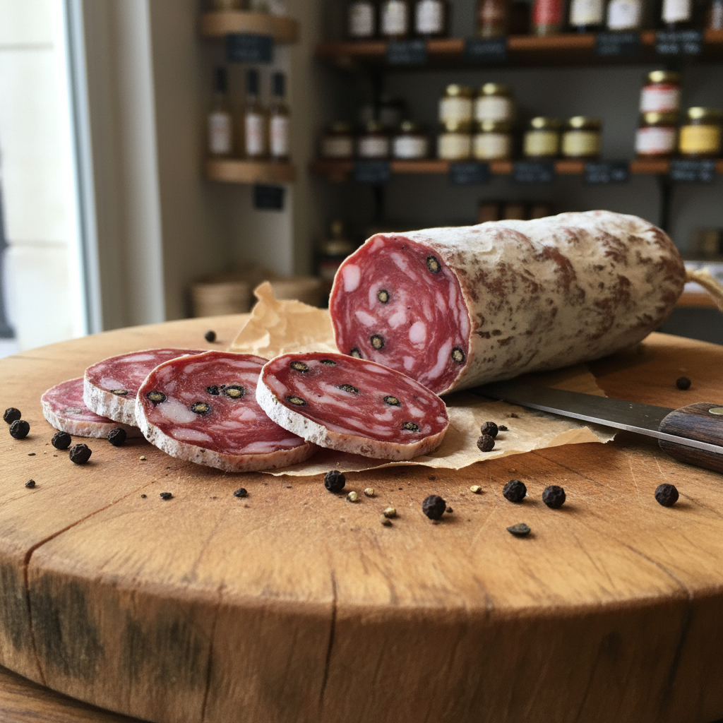 Saucisson poivre Tellicherry tranché gros plan – Le Picnic Français