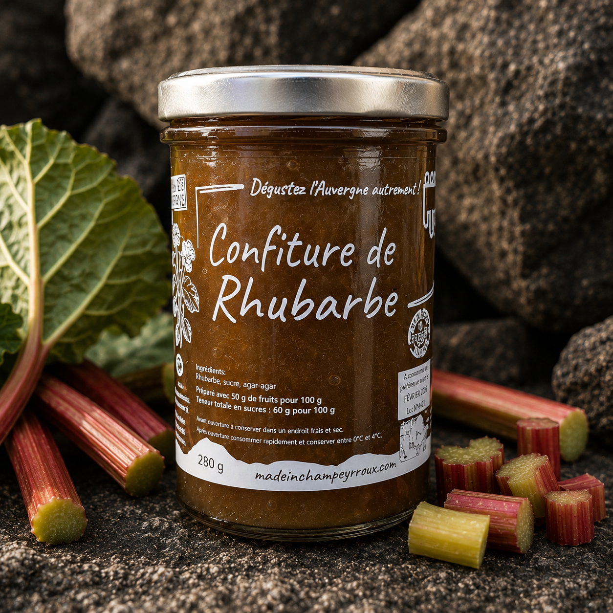 Confiture de rhubarbe Bio 280g – Made in Champeyroux, Auvergne – sans colorants ni conservateurs