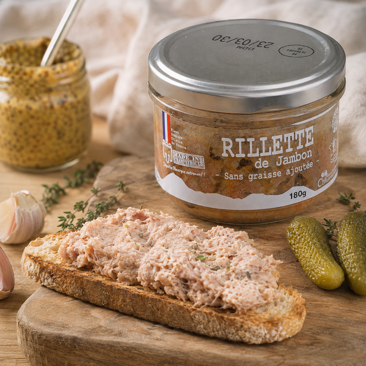 Rillette de Jambon de Porc du Cantal sans graisse ajoutée, bocal 180g – Le Picnic Français