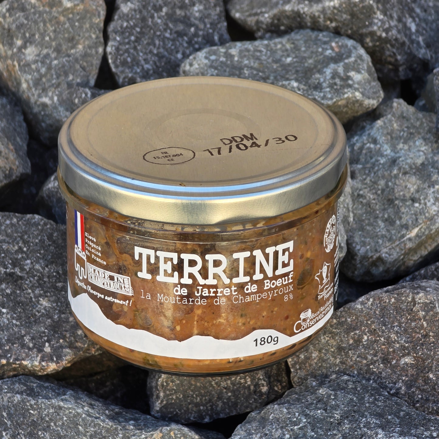 Terrine de jarret de bœuf à la moutarde de Champeyroux 180g – vue produit – Le Picnic Français