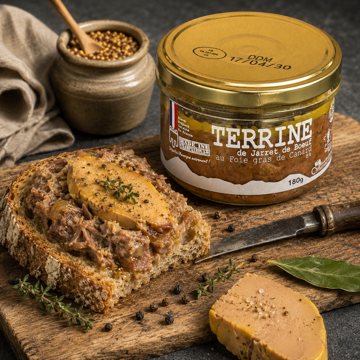 Terrine de jarret de bœuf au foie gras de canard en bocal 180g – Le Picnic Français