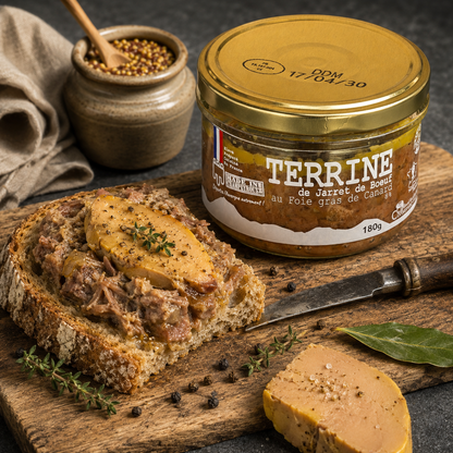 Terrine de jarret de bœuf au foie gras de canard en bocal 180g – Le Picnic Français