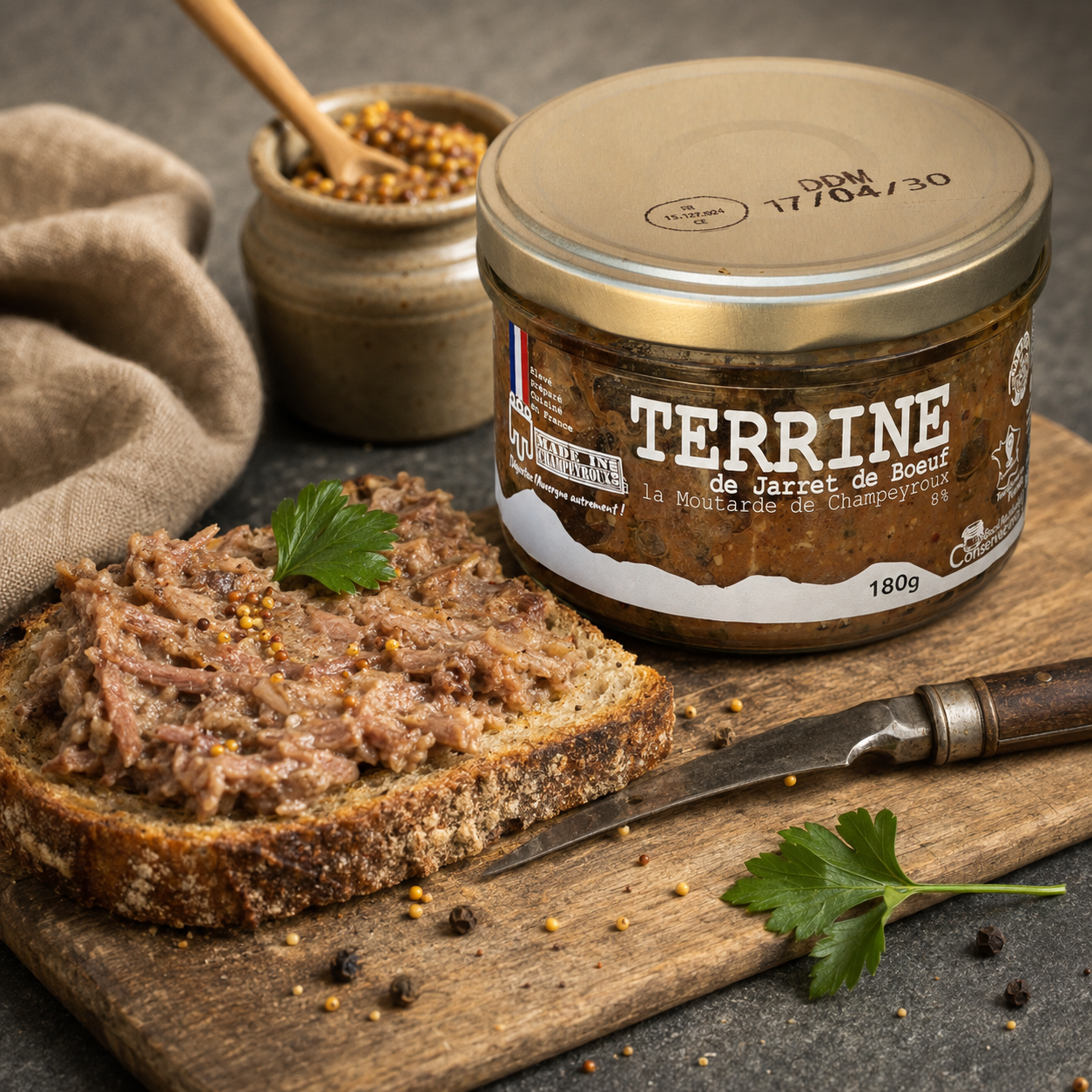 Terrine de jarret de bœuf à la moutarde de Champeyroux en bocal 180g – Le Picnic Français